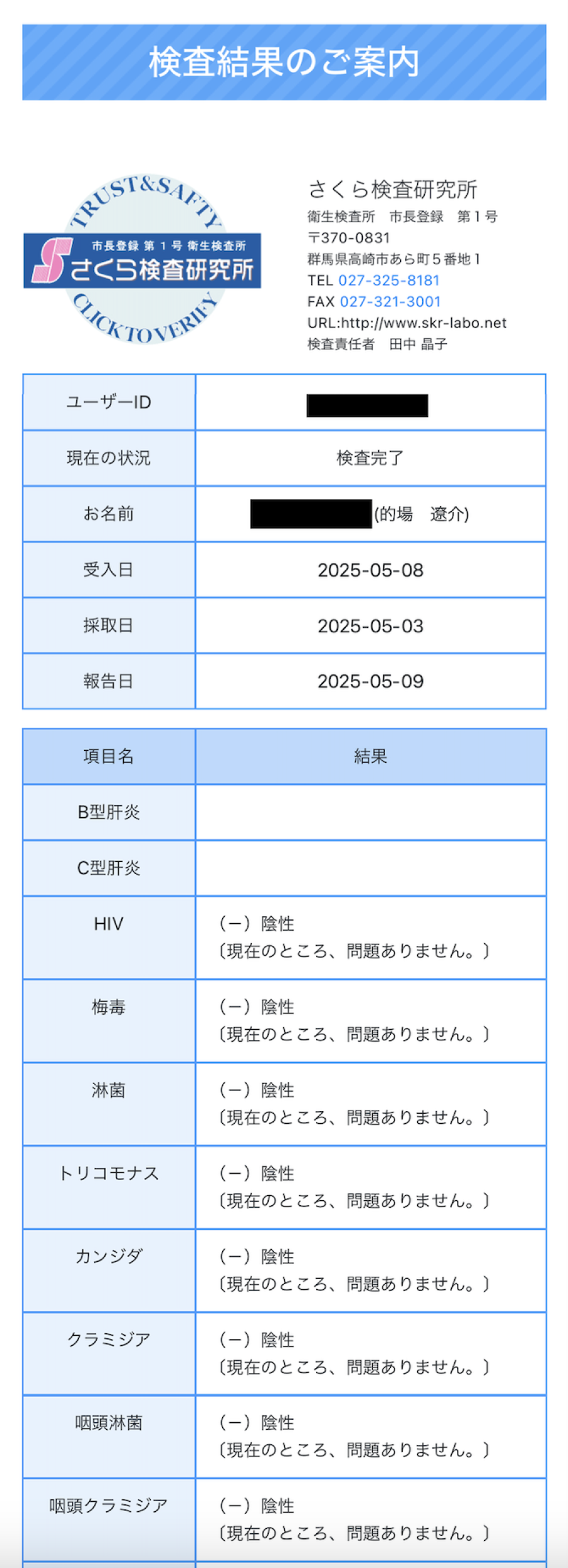 的場 遼介の性病検査証明書